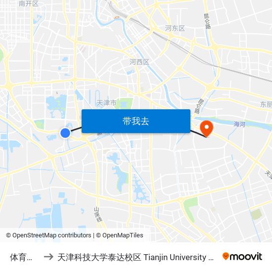 体育中心公交站 to 天津科技大学泰达校区 Tianjin University of Science and Technology (TEDA Campus) map