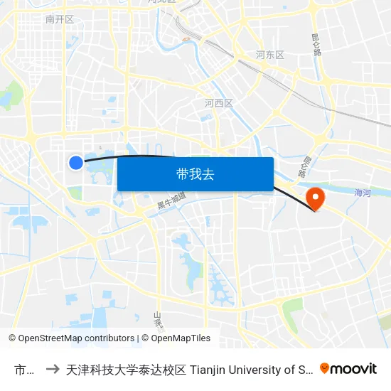 市委党校 to 天津科技大学泰达校区 Tianjin University of Science and Technology (TEDA Campus) map