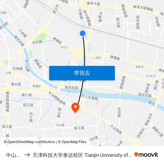 中山门虎丘路 to 天津科技大学泰达校区 Tianjin University of Science and Technology (TEDA Campus) map