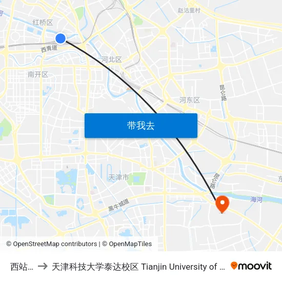 西站北广场 to 天津科技大学泰达校区 Tianjin University of Science and Technology (TEDA Campus) map