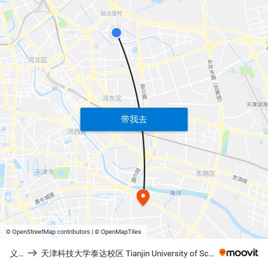 义江里 to 天津科技大学泰达校区 Tianjin University of Science and Technology (TEDA Campus) map