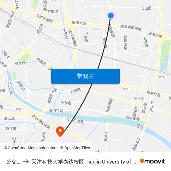 公交四公司 to 天津科技大学泰达校区 Tianjin University of Science and Technology (TEDA Campus) map
