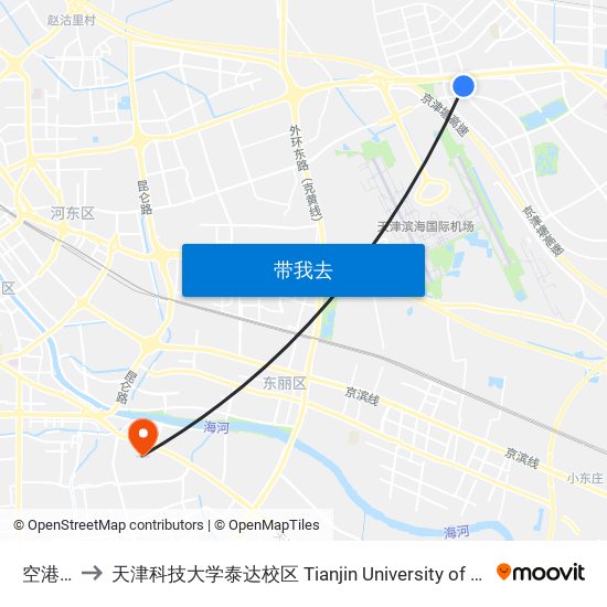 空港汽车园 to 天津科技大学泰达校区 Tianjin University of Science and Technology (TEDA Campus) map