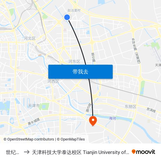 世纪祥和家园 to 天津科技大学泰达校区 Tianjin University of Science and Technology (TEDA Campus) map