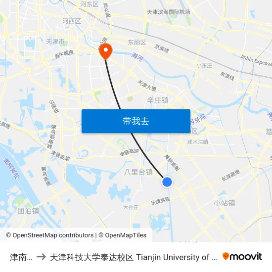 津南区政府 to 天津科技大学泰达校区 Tianjin University of Science and Technology (TEDA Campus) map