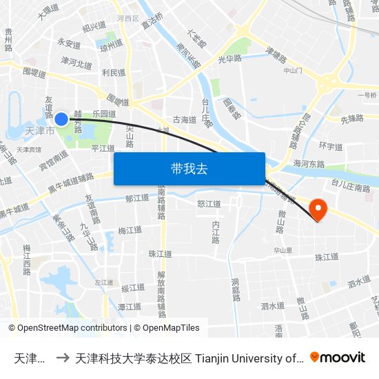 天津文化中心 to 天津科技大学泰达校区 Tianjin University of Science and Technology (TEDA Campus) map