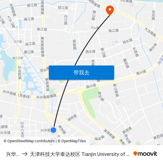 兴华一支路 to 天津科技大学泰达校区 Tianjin University of Science and Technology (TEDA Campus) map