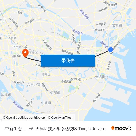 中新生态城永定洲公交站 to 天津科技大学泰达校区 Tianjin University of Science and Technology (TEDA Campus) map