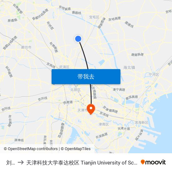 刘家街 to 天津科技大学泰达校区 Tianjin University of Science and Technology (TEDA Campus) map