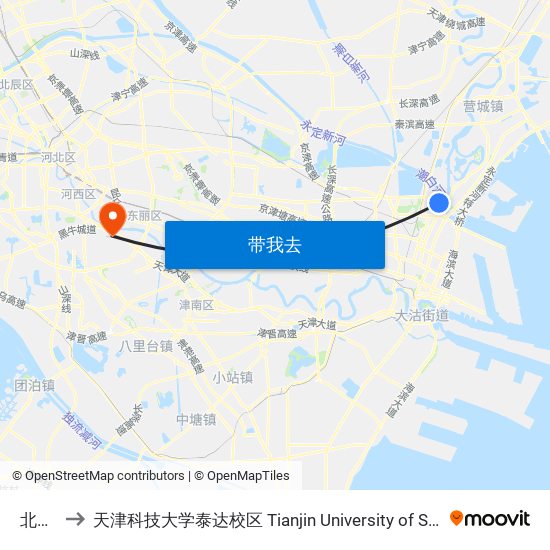 北塘古镇 to 天津科技大学泰达校区 Tianjin University of Science and Technology (TEDA Campus) map