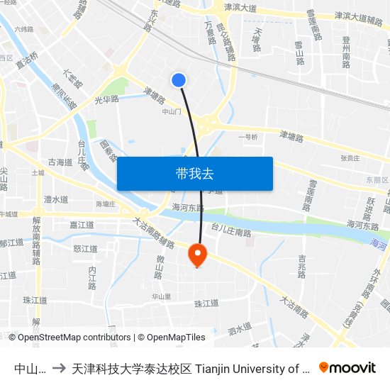 中山门东里 to 天津科技大学泰达校区 Tianjin University of Science and Technology (TEDA Campus) map