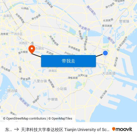 东江路 to 天津科技大学泰达校区 Tianjin University of Science and Technology (TEDA Campus) map