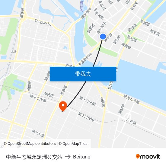 中新生态城永定洲公交站 to Beitang map