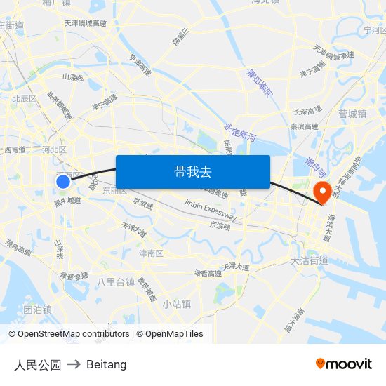 人民公园 to Beitang map