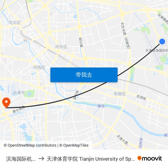 滨海国际机场 to 天津体育学院 Tianjin University of Sport map