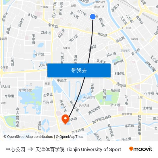 中心公园 to 天津体育学院 Tianjin University of Sport map