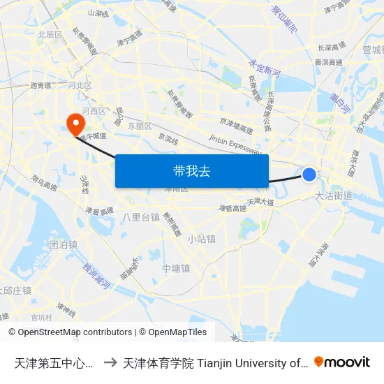 天津第五中心医院 to 天津体育学院 Tianjin University of Sport map