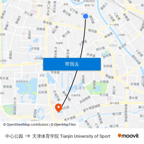 中心公园 to 天津体育学院 Tianjin University of Sport map