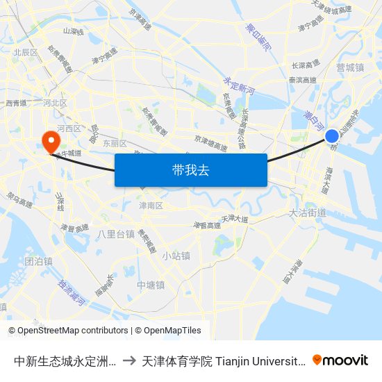中新生态城永定洲公交站 to 天津体育学院 Tianjin University of Sport map