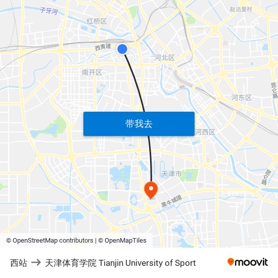 西站 to 天津体育学院 Tianjin University of Sport map