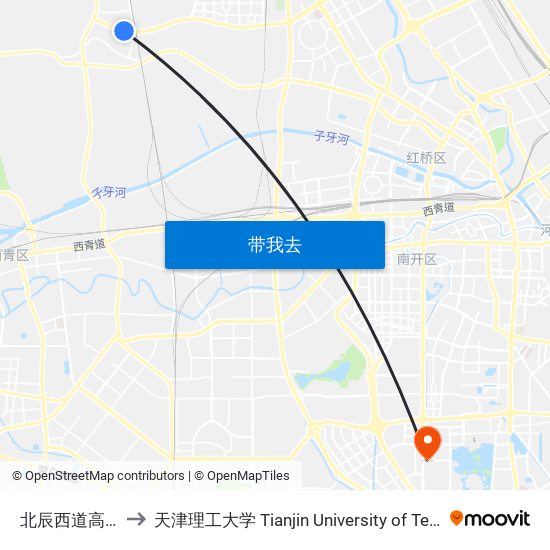 北辰西道高铁桥 to 天津理工大学 Tianjin University of Technology map