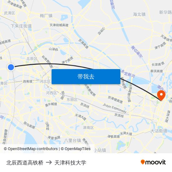 北辰西道高铁桥 to 天津科技大学 map