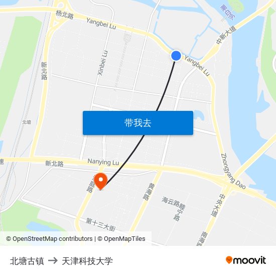 北塘古镇 to 天津科技大学 map