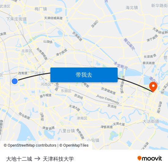 大地十二城 to 天津科技大学 map