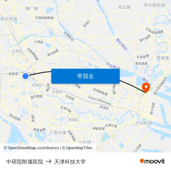中研院附属医院 to 天津科技大学 map