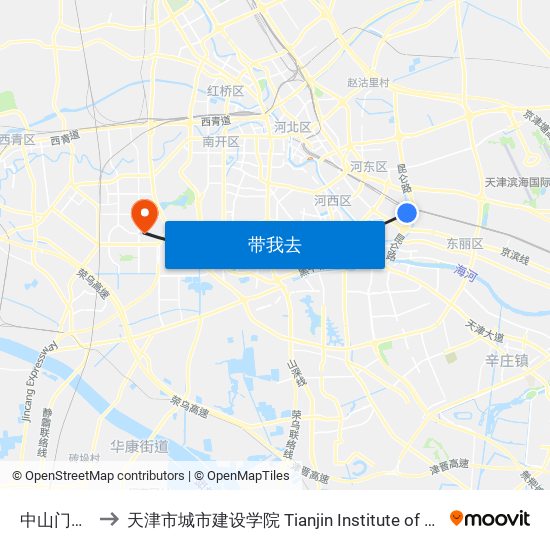 中山门虎丘路 to 天津市城市建设学院 Tianjin Institute of Urban Construction map