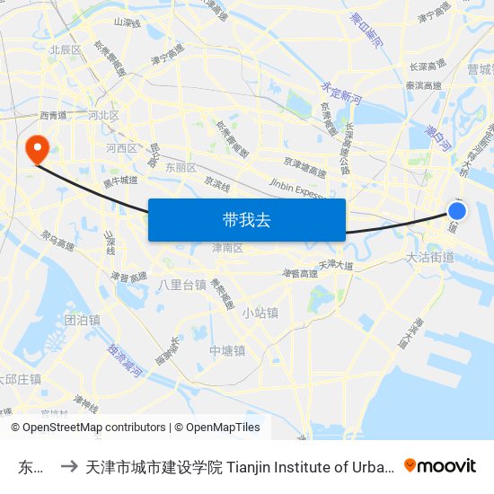 东海路 to 天津市城市建设学院 Tianjin Institute of Urban Construction map