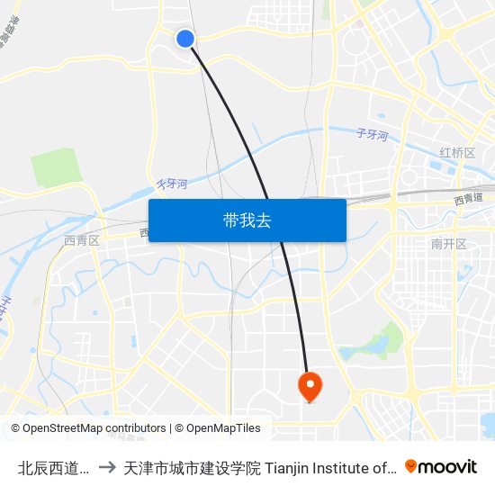 北辰西道高铁桥 to 天津市城市建设学院 Tianjin Institute of Urban Construction map