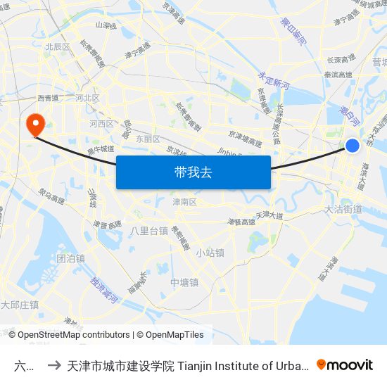 六合镁 to 天津市城市建设学院 Tianjin Institute of Urban Construction map