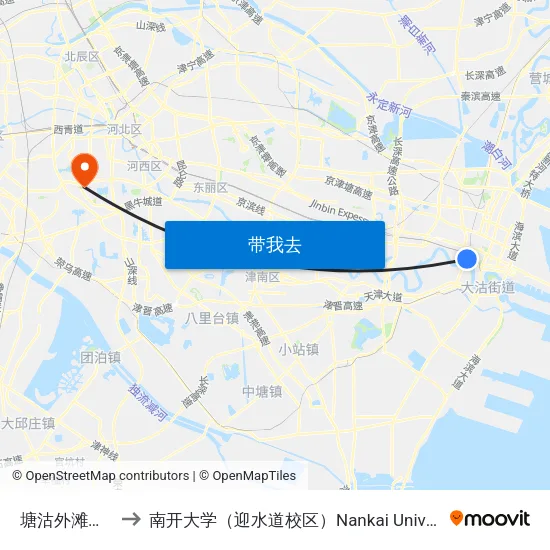 塘沽外滩公园 to 南开大学（迎水道校区）Nankai University map