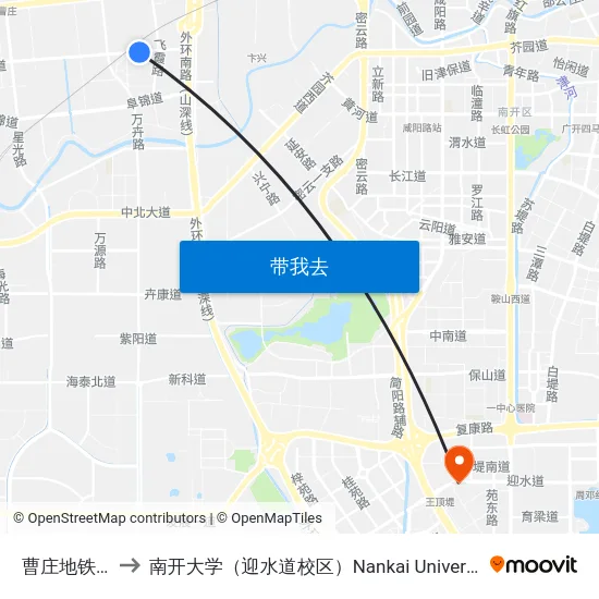 曹庄地铁站 to 南开大学（迎水道校区）Nankai University map