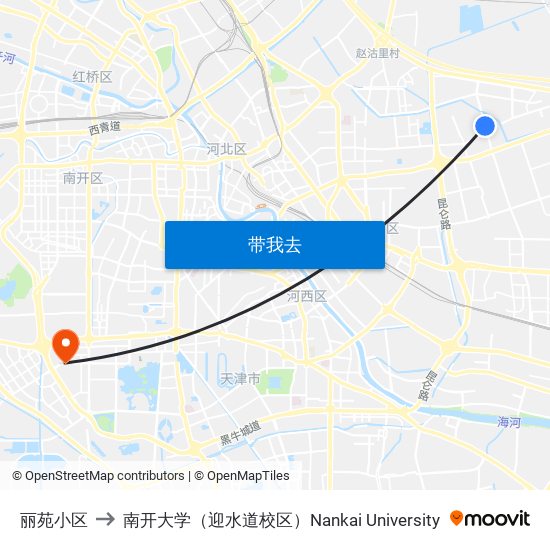 丽苑小区 to 南开大学（迎水道校区）Nankai University map