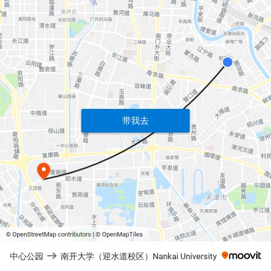 中心公园 to 南开大学（迎水道校区）Nankai University map