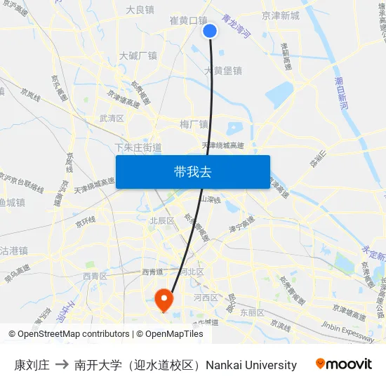 康刘庄 to 南开大学（迎水道校区）Nankai University map