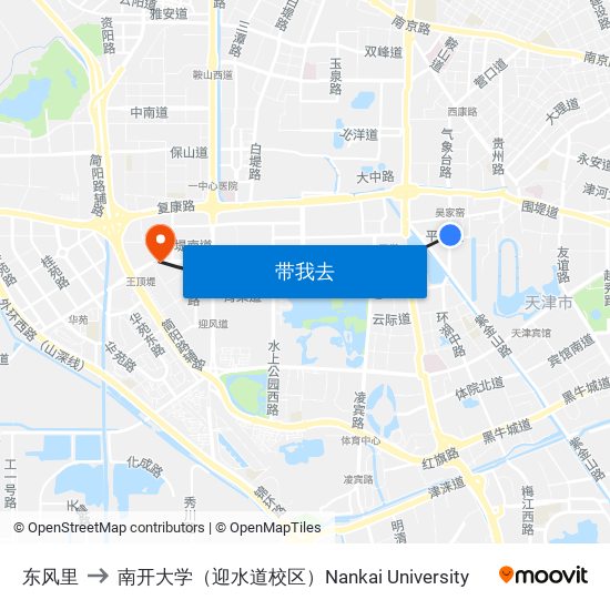 东风里 to 南开大学（迎水道校区）Nankai University map