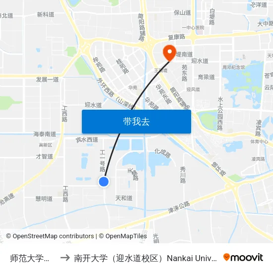 师范大学西门 to 南开大学（迎水道校区）Nankai University map