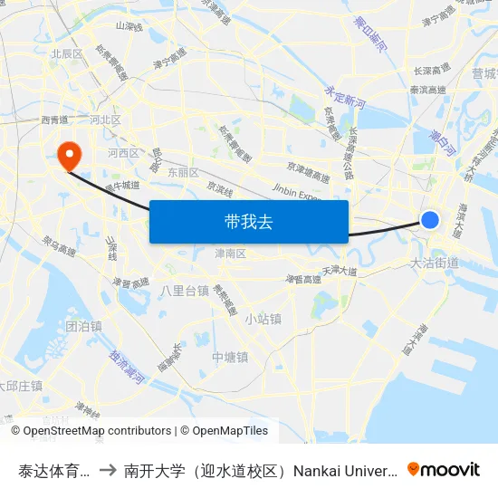 泰达体育场 to 南开大学（迎水道校区）Nankai University map