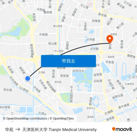 华苑 to 天津医科大学 Tianjin Medical University map