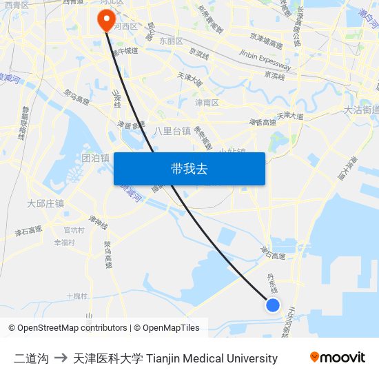 二道沟 to 天津医科大学 Tianjin Medical University map