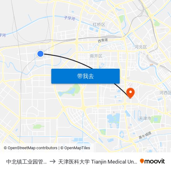 中北镇工业园管委会 to 天津医科大学 Tianjin Medical University map
