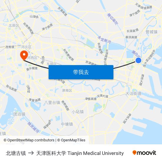 北塘古镇 to 天津医科大学 Tianjin Medical University map