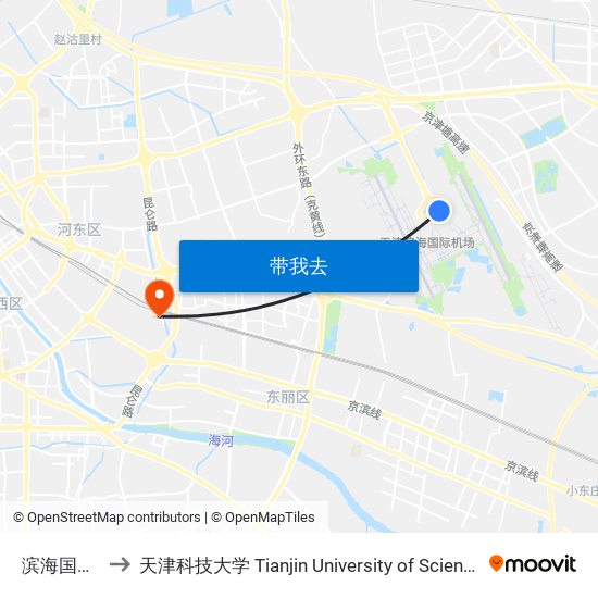 滨海国际机场 to 天津科技大学 Tianjin University of Science and Technology map