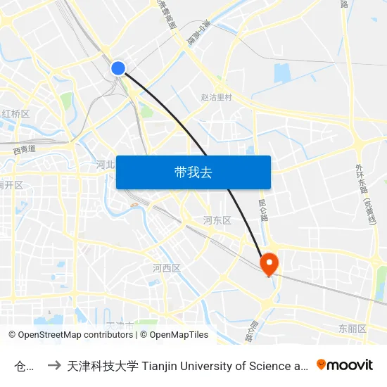 仓联庄 to 天津科技大学 Tianjin University of Science and Technology map