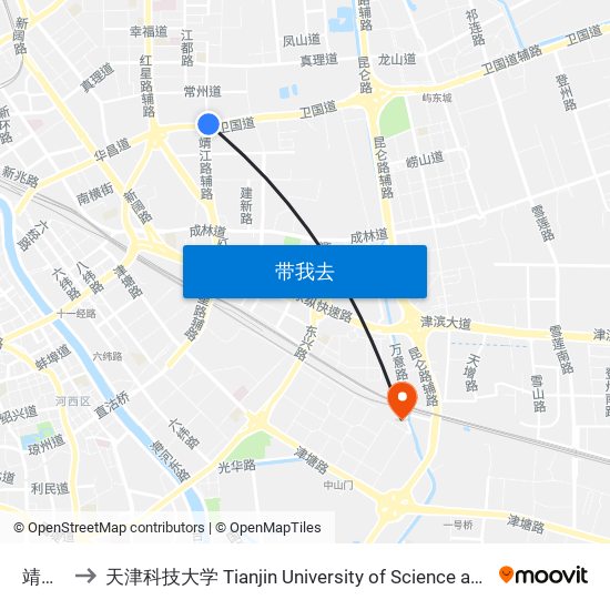 靖江路 to 天津科技大学 Tianjin University of Science and Technology map