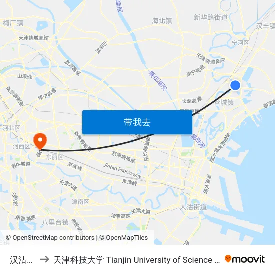 汉沽中心 to 天津科技大学 Tianjin University of Science and Technology map