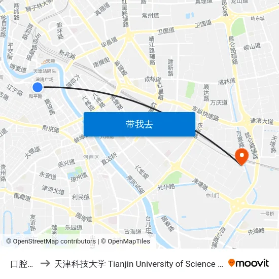 口腔医院 to 天津科技大学 Tianjin University of Science and Technology map